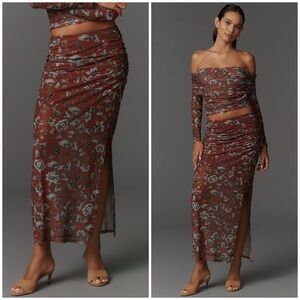 Anthropologie Maeve Aleda Ruched Maxi Skirt Brown Floral Pattern Size S NWT